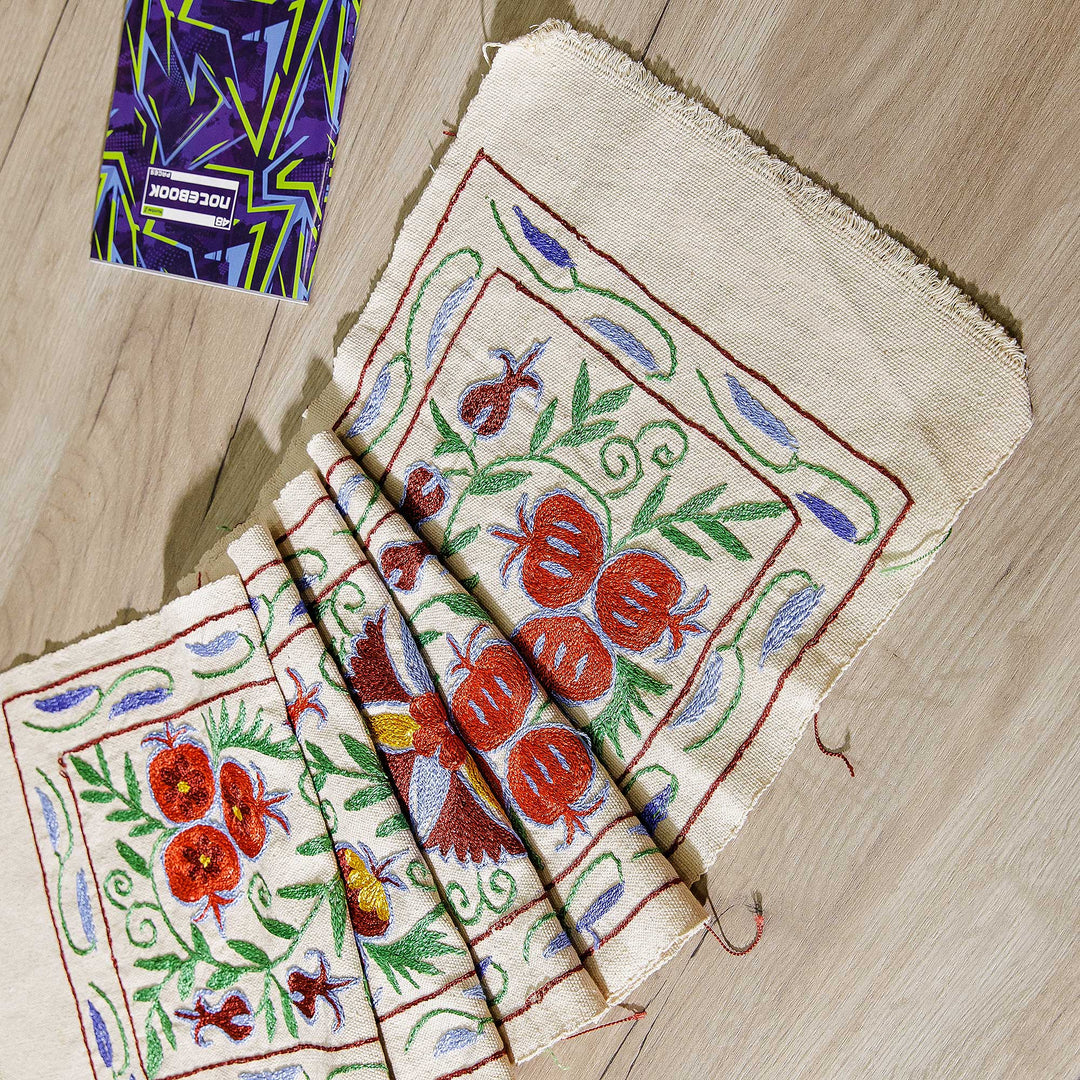 Pomegranate Red and Blue Embroidered Cotton Table Runner - Passions & Traditions