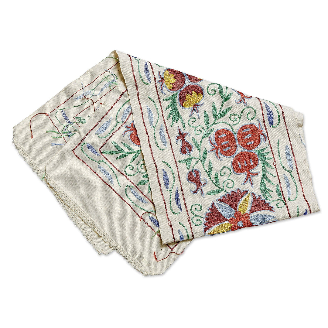 Pomegranate Red and Blue Embroidered Cotton Table Runner - Passions & Traditions