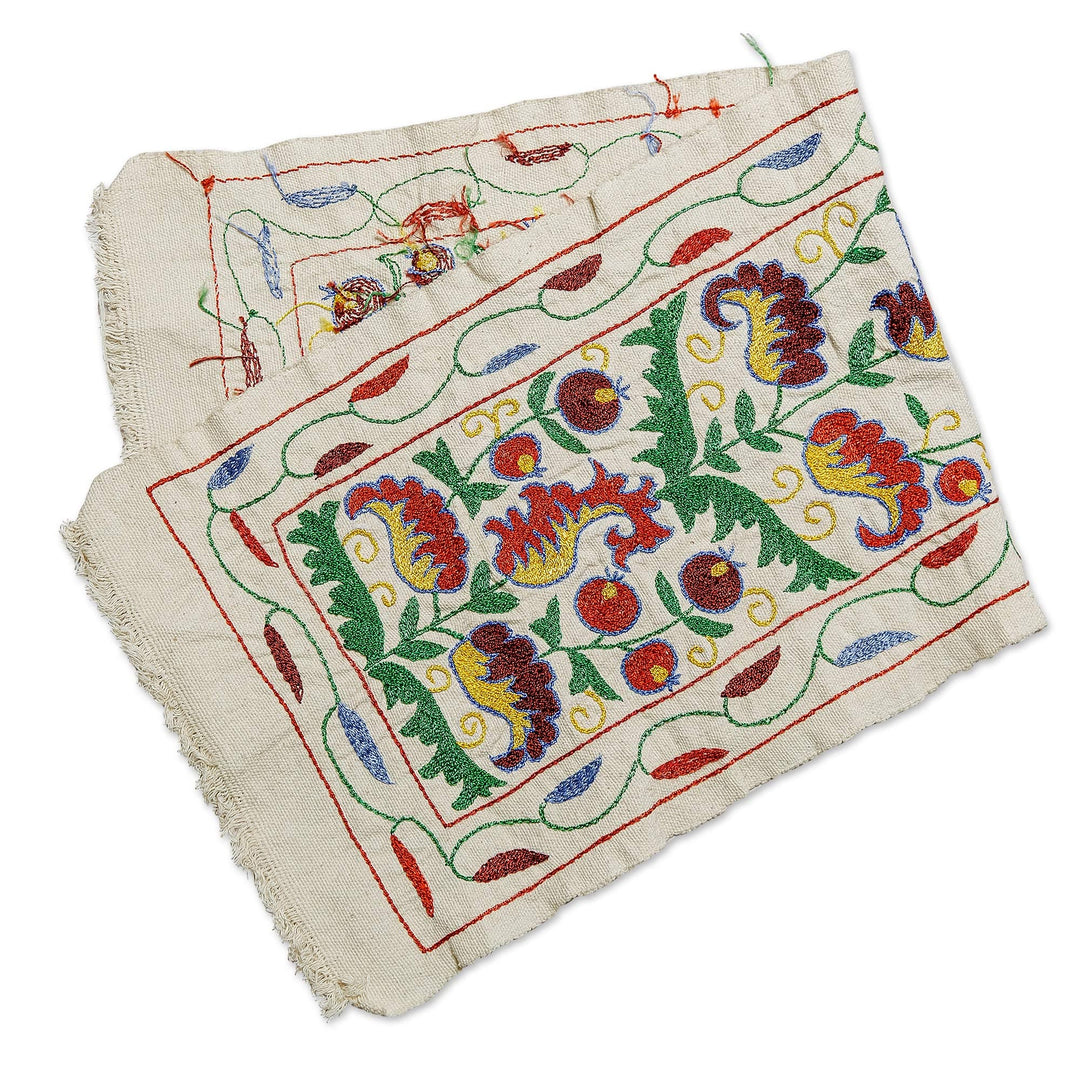 Floral and Pomegranate Embroidered Cotton Table Runner - Flowers from the Palace