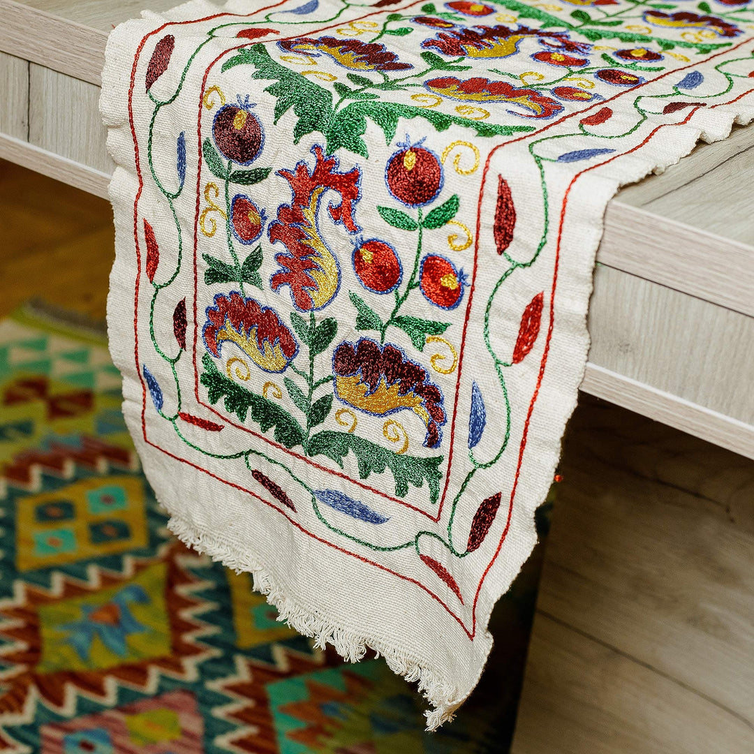 Floral and Pomegranate Embroidered Cotton Table Runner - Flowers from the Palace