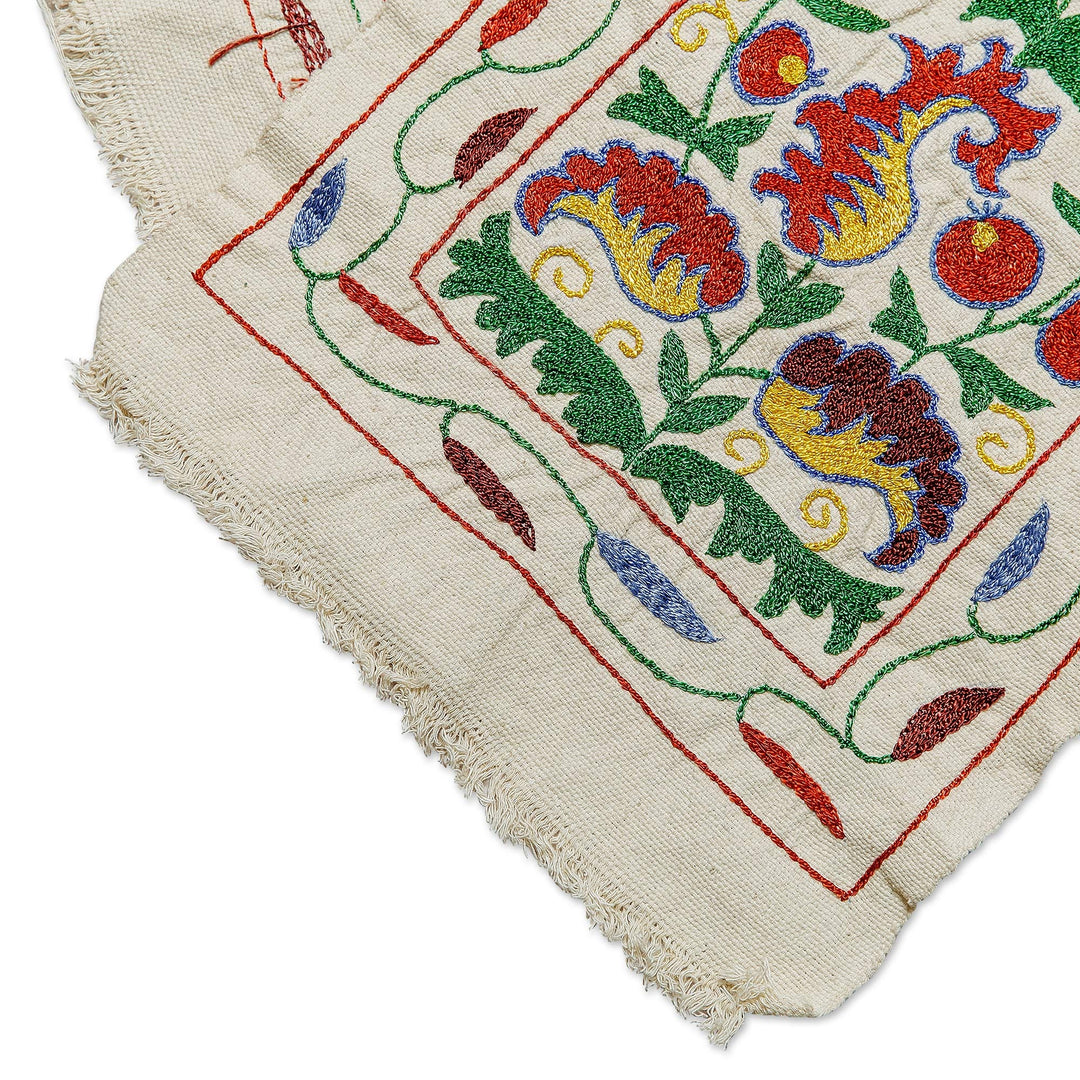 Floral and Pomegranate Embroidered Cotton Table Runner - Flowers from the Palace