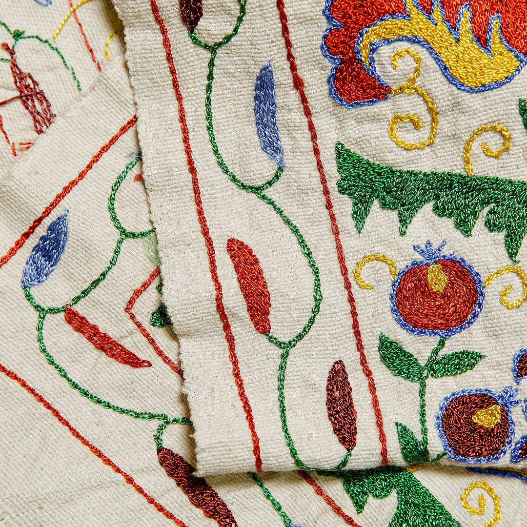 Floral and Pomegranate Embroidered Cotton Table Runner - Flowers from the Palace