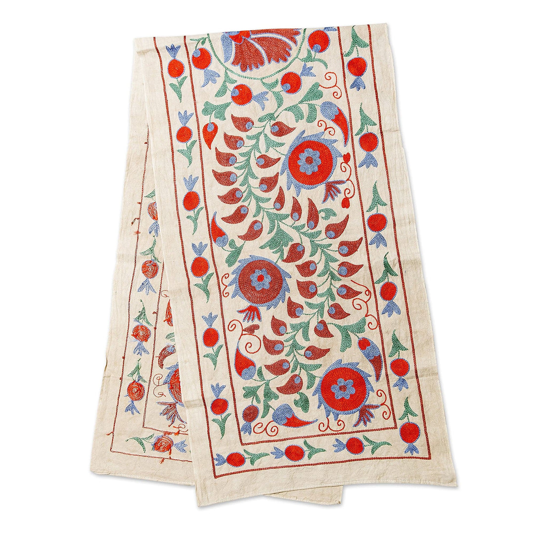 Pomegranate and Paisley Embroidered Cotton Table Runner - Glory of Passion