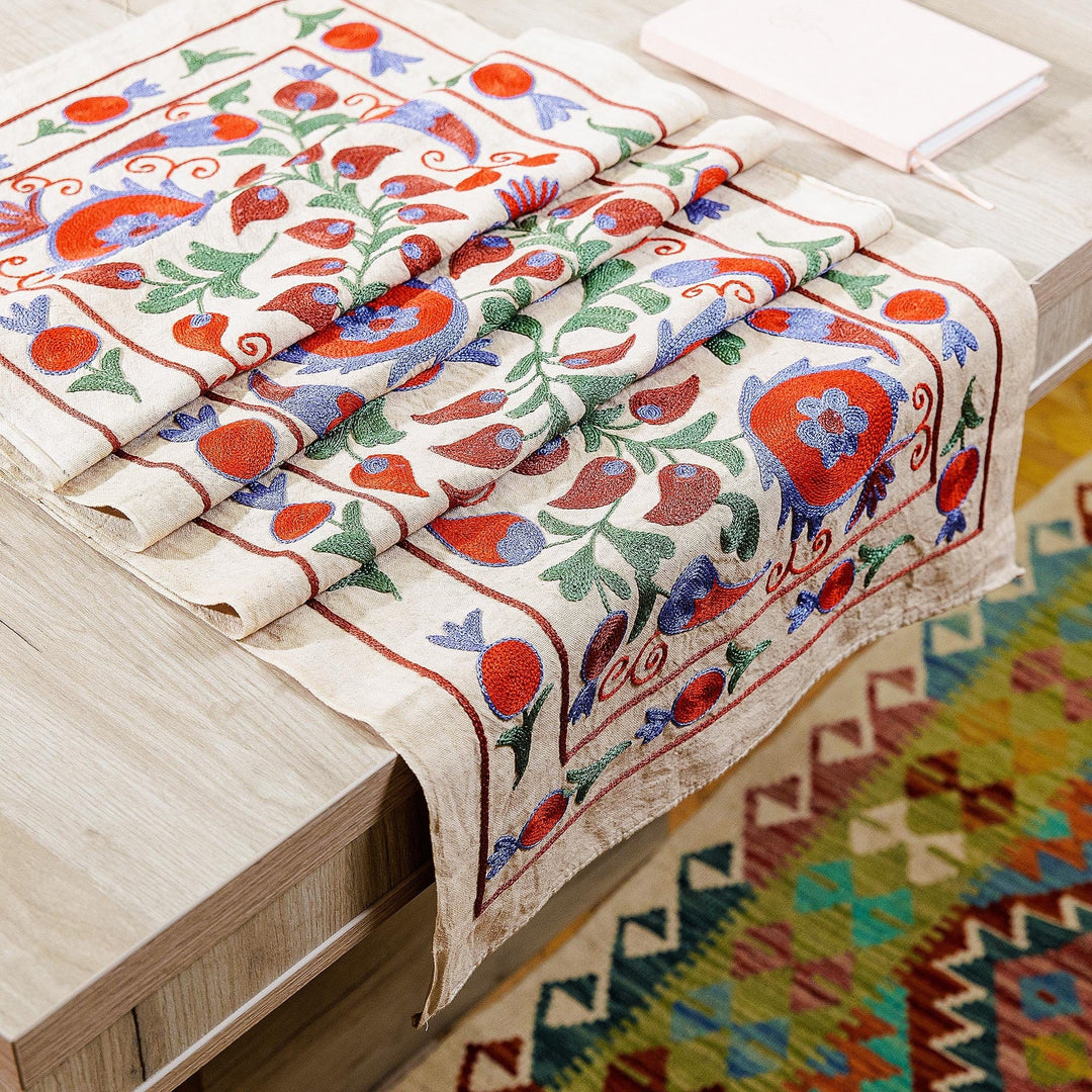 Pomegranate and Paisley Embroidered Cotton Table Runner - Glory of Passion