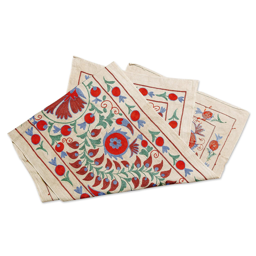 Pomegranate and Paisley Embroidered Cotton Table Runner - Glory of Passion