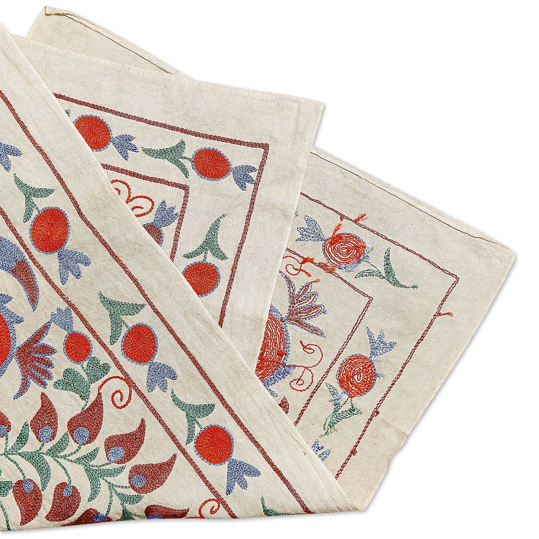 Pomegranate and Paisley Embroidered Cotton Table Runner - Glory of Passion
