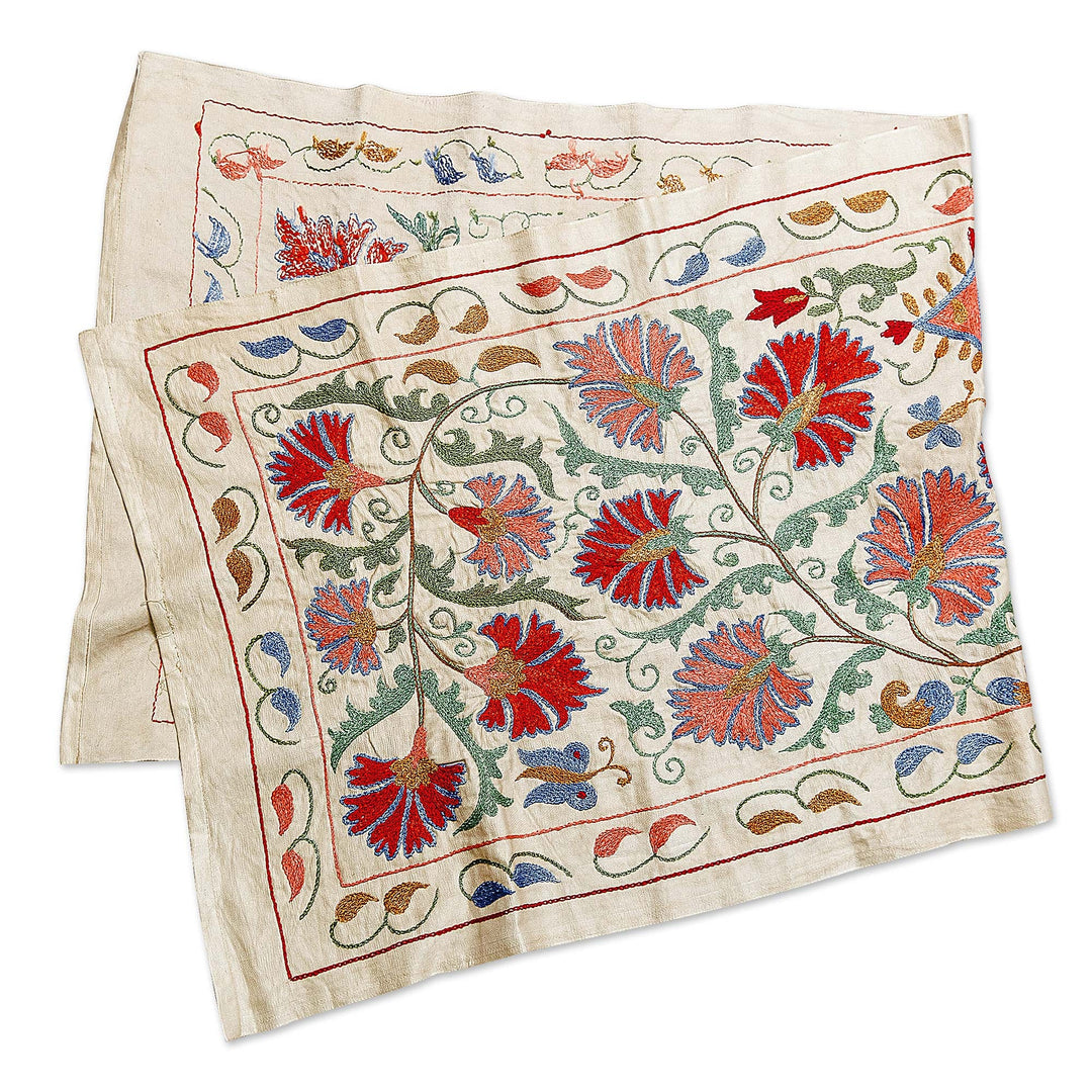 Classic Floral Colorful Embroidered Silk Table Runner - Spring in Eden