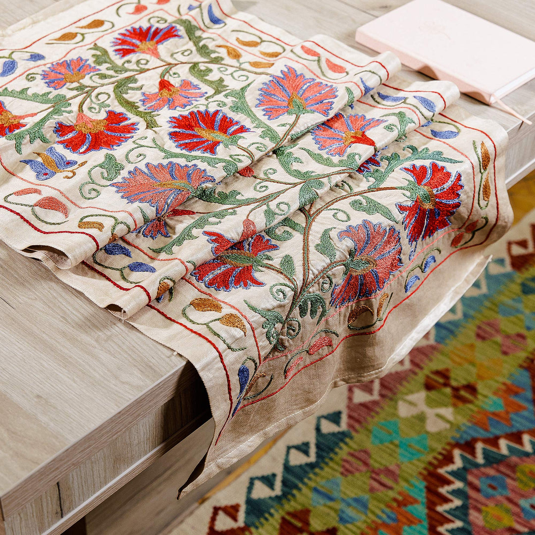 Classic Floral Colorful Embroidered Silk Table Runner - Spring in Eden
