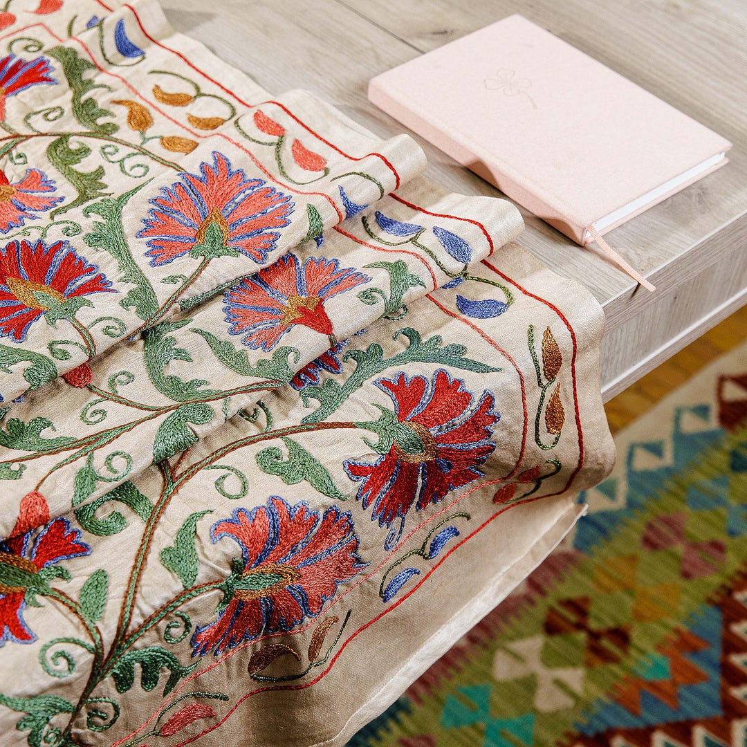 Classic Floral Colorful Embroidered Silk Table Runner - Spring in Eden