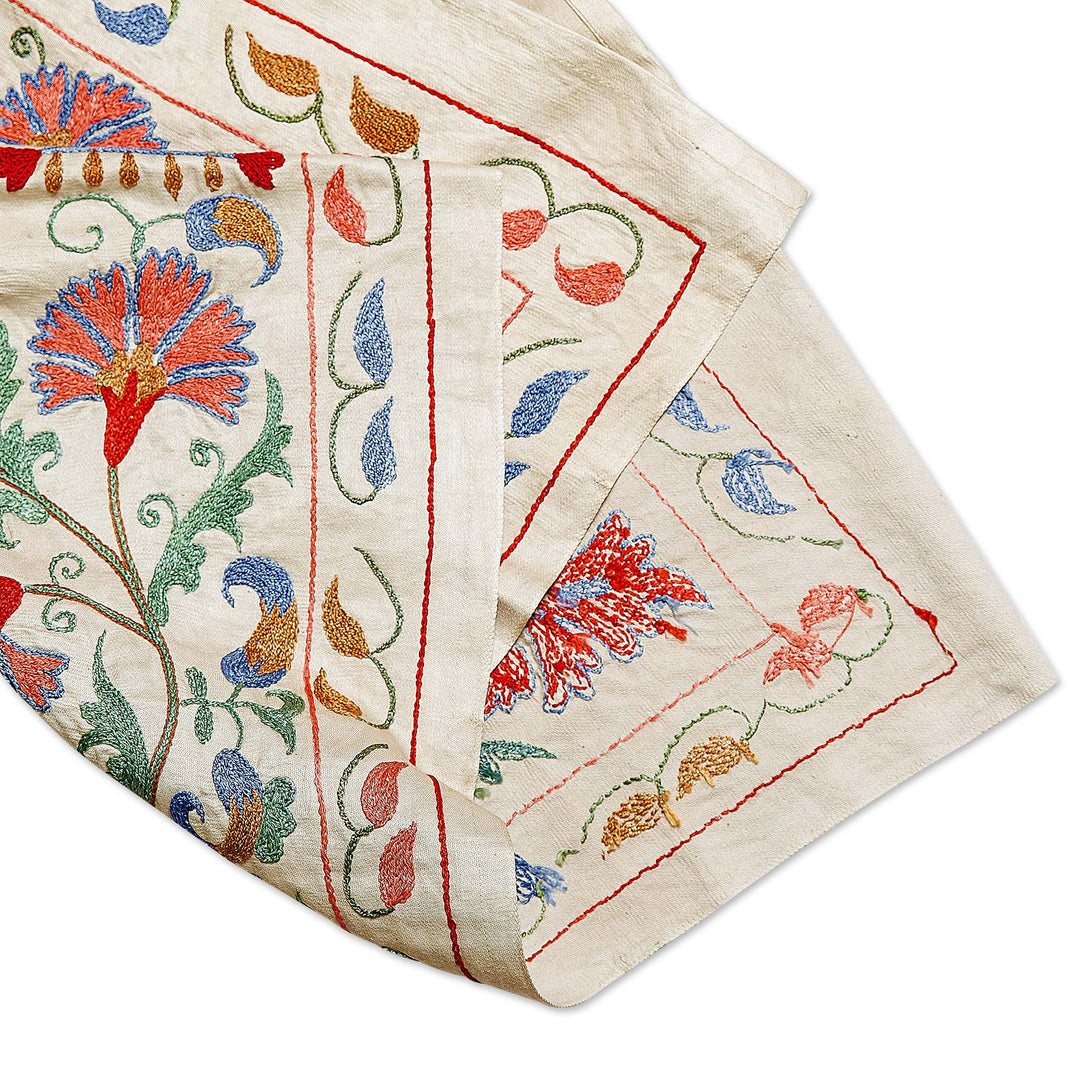 Classic Floral Colorful Embroidered Silk Table Runner - Spring in Eden