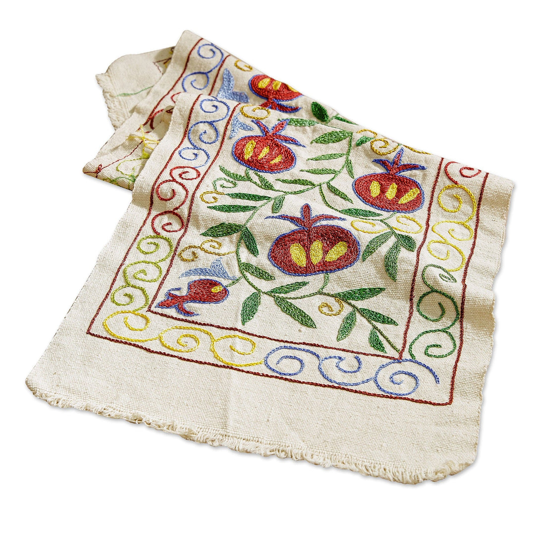 Classic Pomegranate-Themed Embroidered Cotton Table Runner - Nature's Passion
