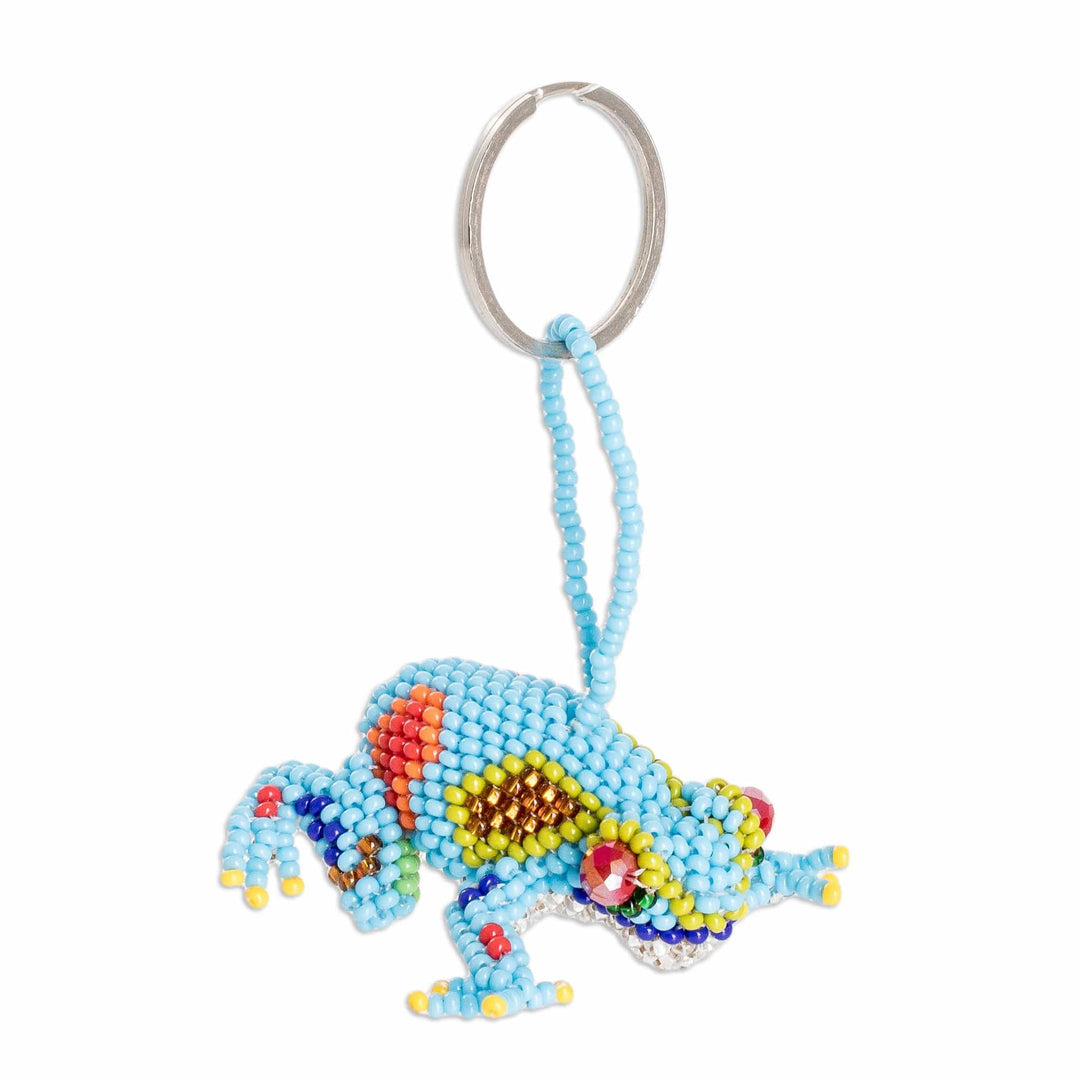 Handcrafted Glass Beaded Frog Keychain in Turquoise Hues - Leaping Turquoise