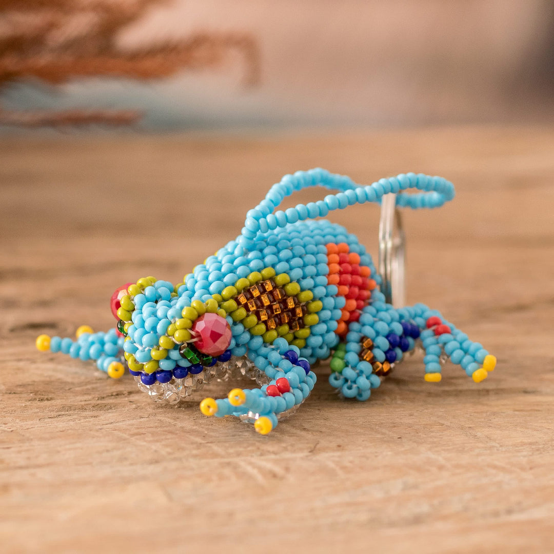 Handcrafted Glass Beaded Frog Keychain in Turquoise Hues - Leaping Turquoise
