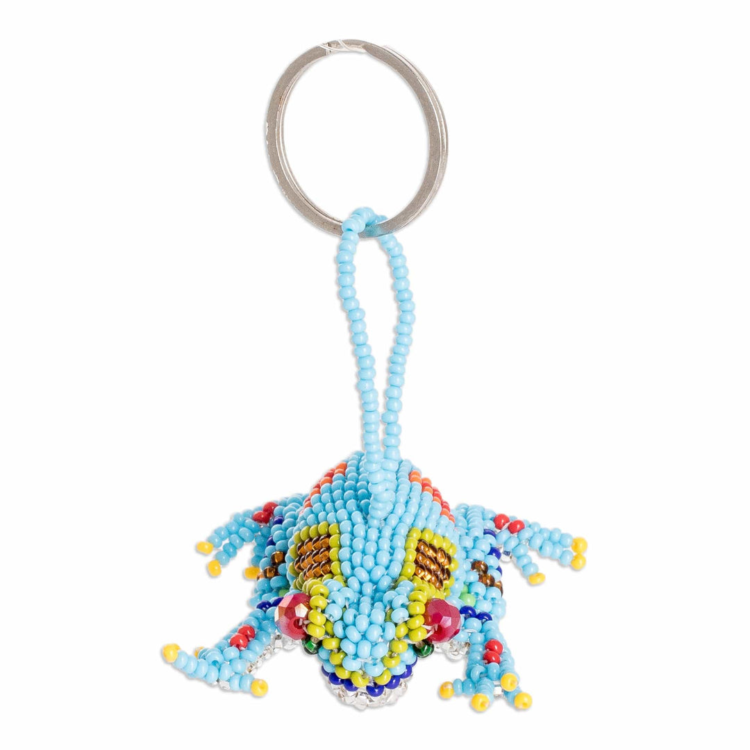 Handcrafted Glass Beaded Frog Keychain in Turquoise Hues - Leaping Turquoise