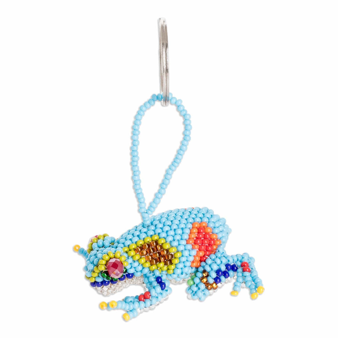 Handcrafted Glass Beaded Frog Keychain in Turquoise Hues - Leaping Turquoise