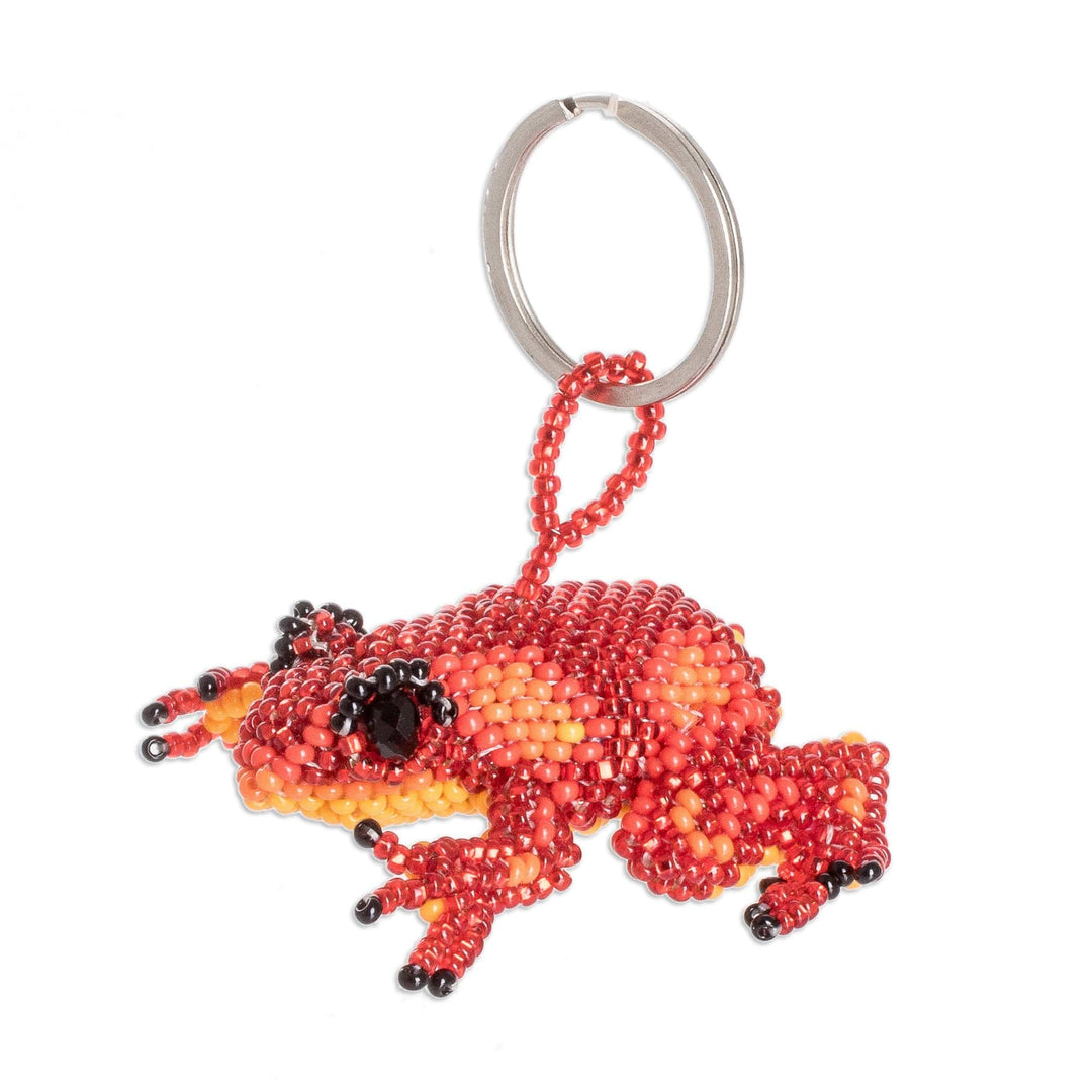 Handcrafted Glass Beaded Frog Keychain in Red Hues - Leaping Red