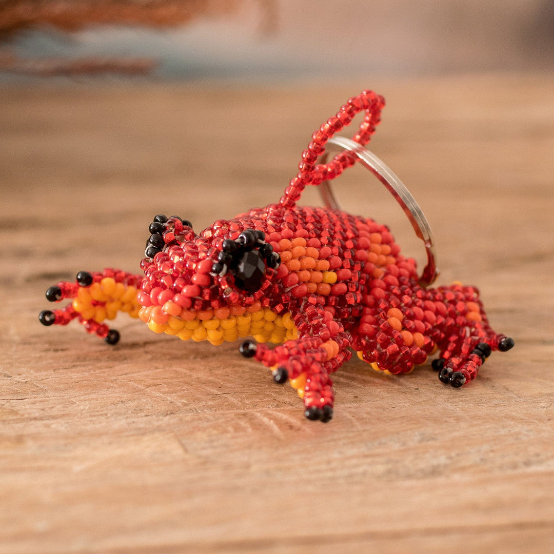 Handcrafted Glass Beaded Frog Keychain in Red Hues - Leaping Red