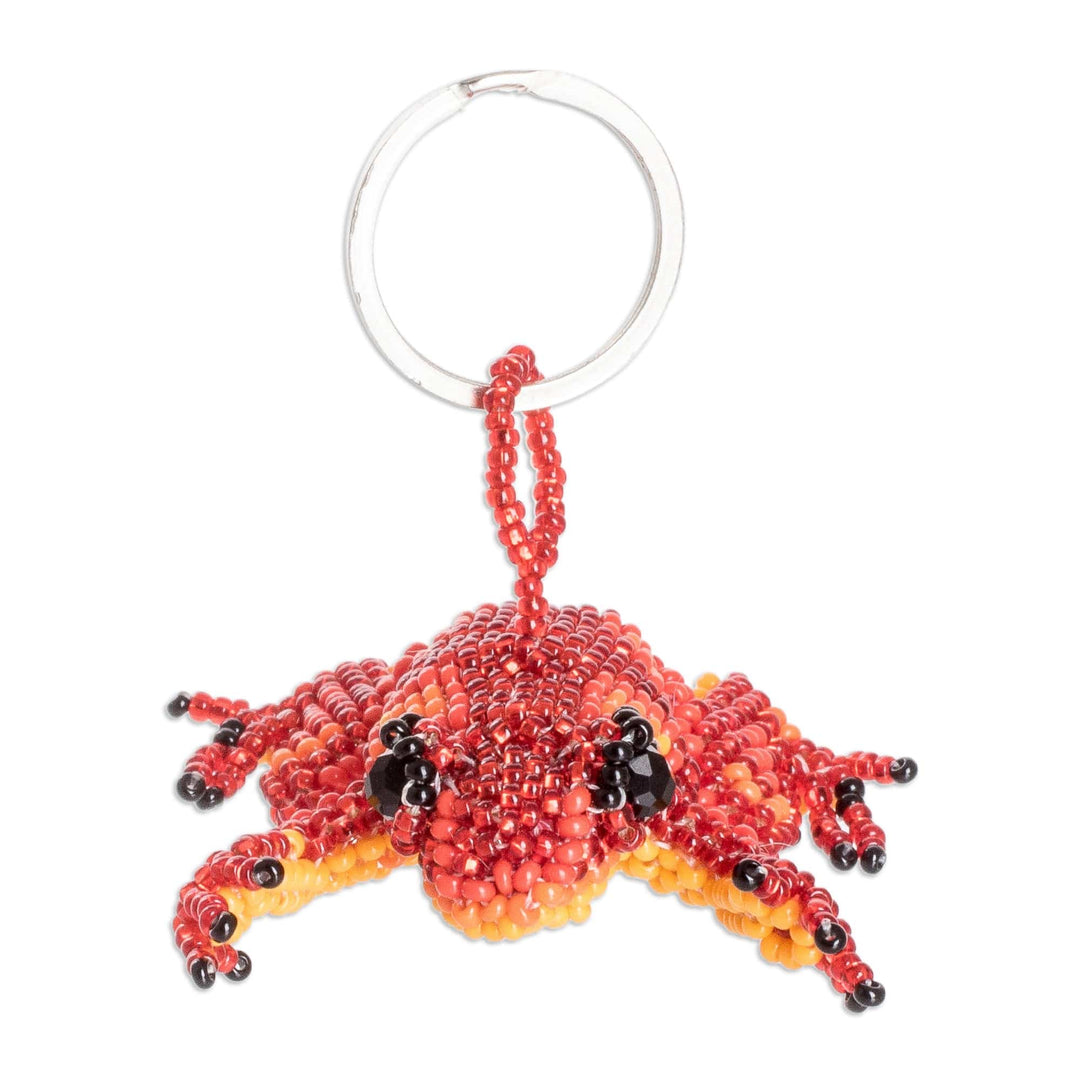 Handcrafted Glass Beaded Frog Keychain in Red Hues - Leaping Red
