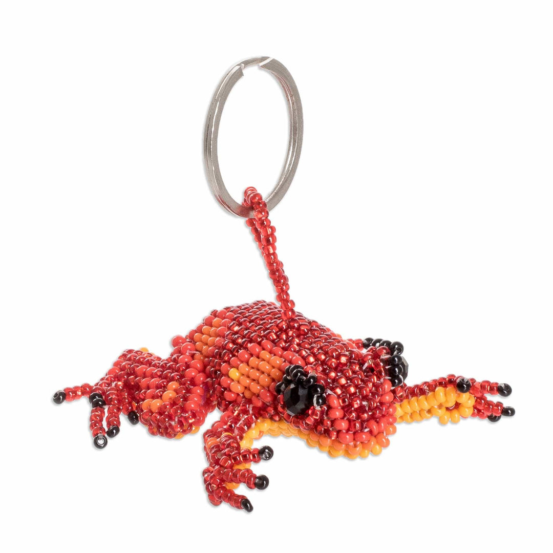 Handcrafted Glass Beaded Frog Keychain in Red Hues - Leaping Red
