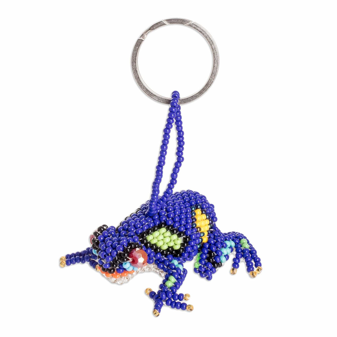 Handcrafted Glass Beaded Frog Keychain in Blue Hues - Leaping Blue