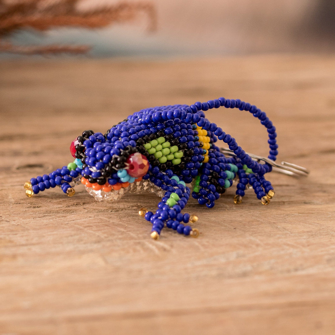 Handcrafted Glass Beaded Frog Keychain in Blue Hues - Leaping Blue