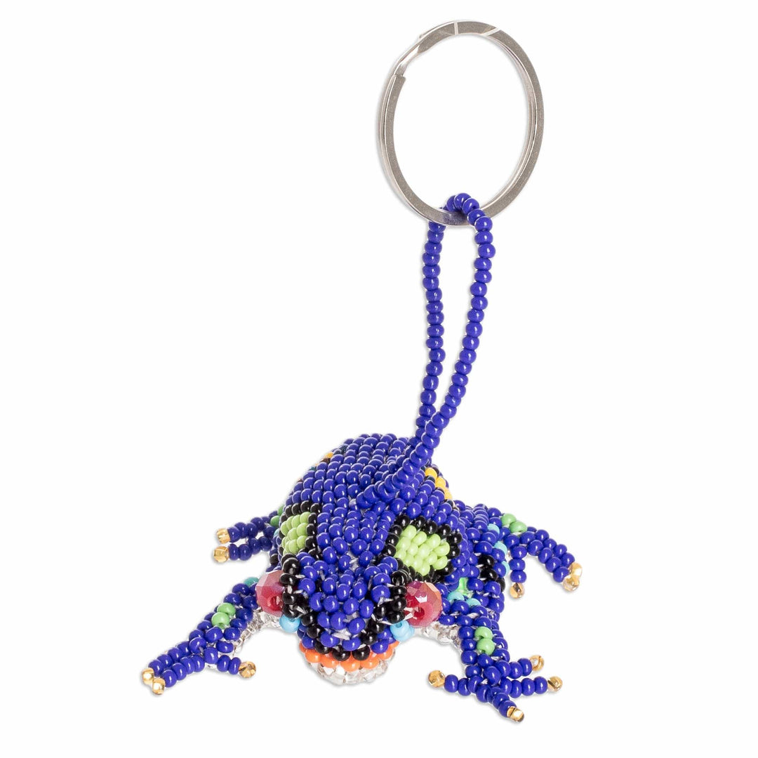 Handcrafted Glass Beaded Frog Keychain in Blue Hues - Leaping Blue