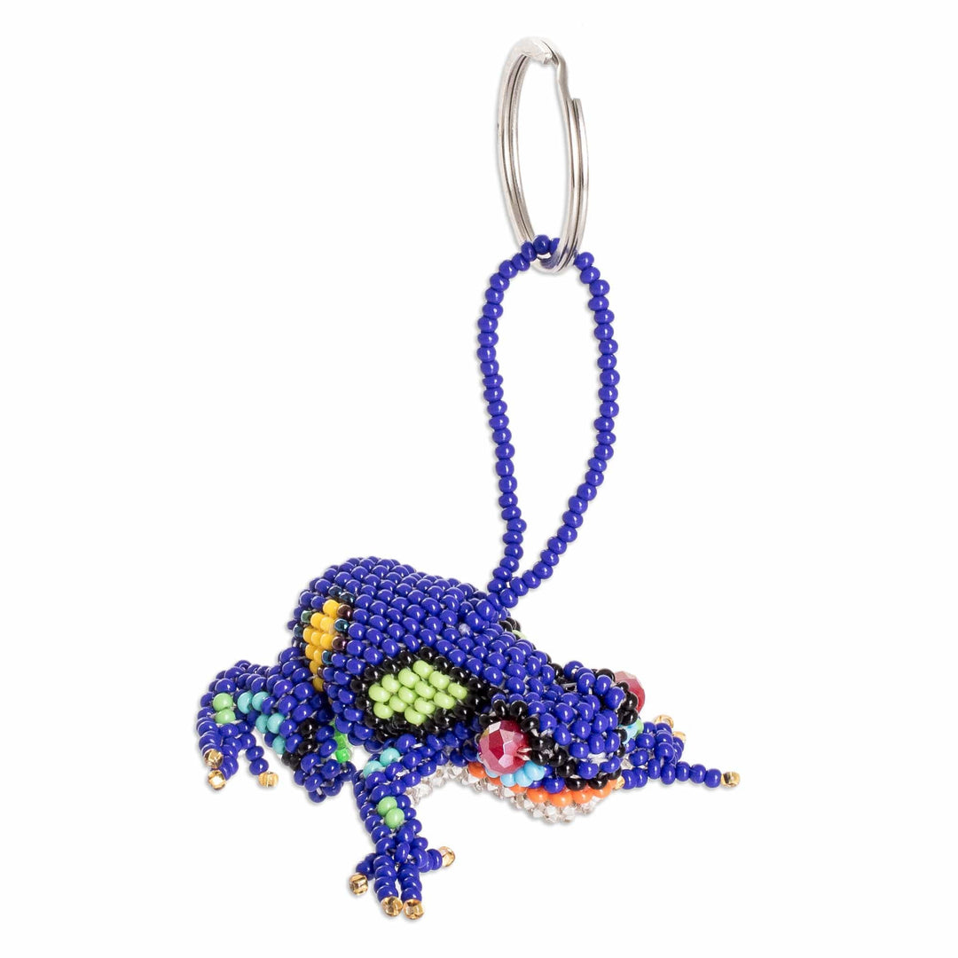 Handcrafted Glass Beaded Frog Keychain in Blue Hues - Leaping Blue