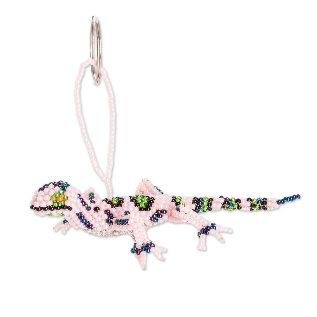 Handcrafted Glass Beaded Lizard Keychain in Pink Hues - The Kind Lizard