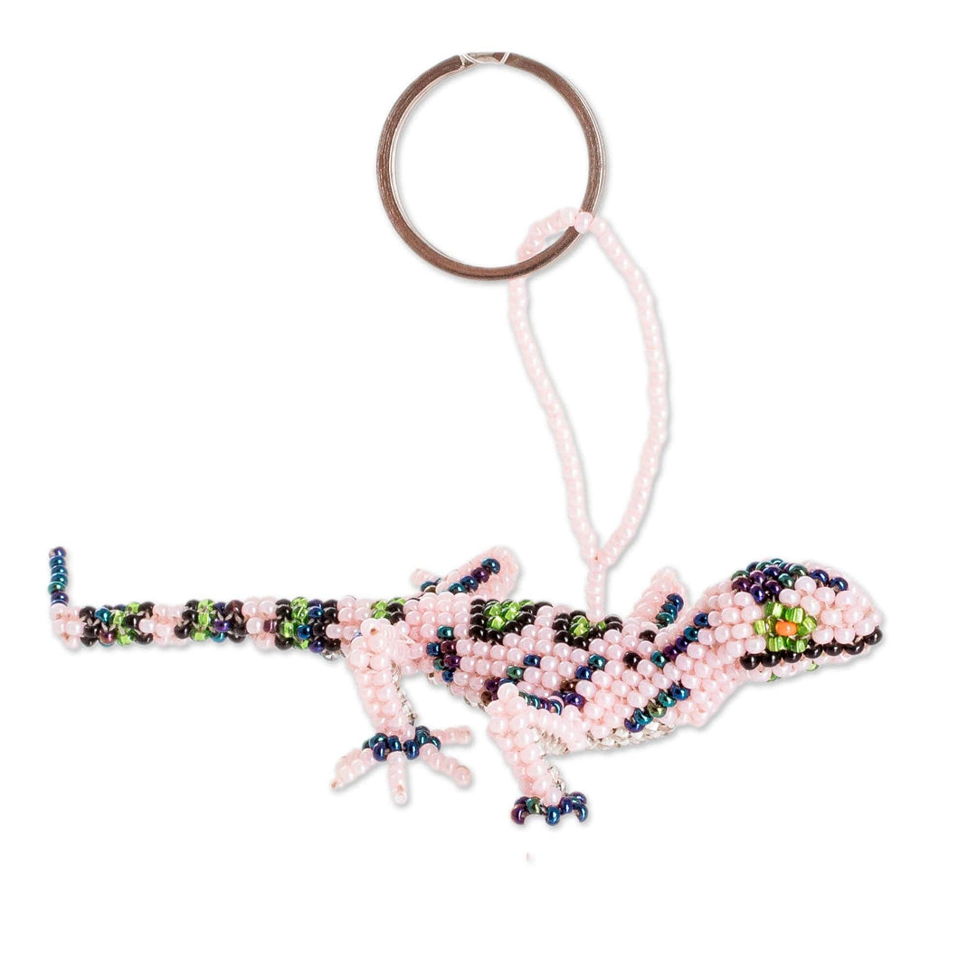 Handcrafted Glass Beaded Lizard Keychain in Pink Hues - The Kind Lizard