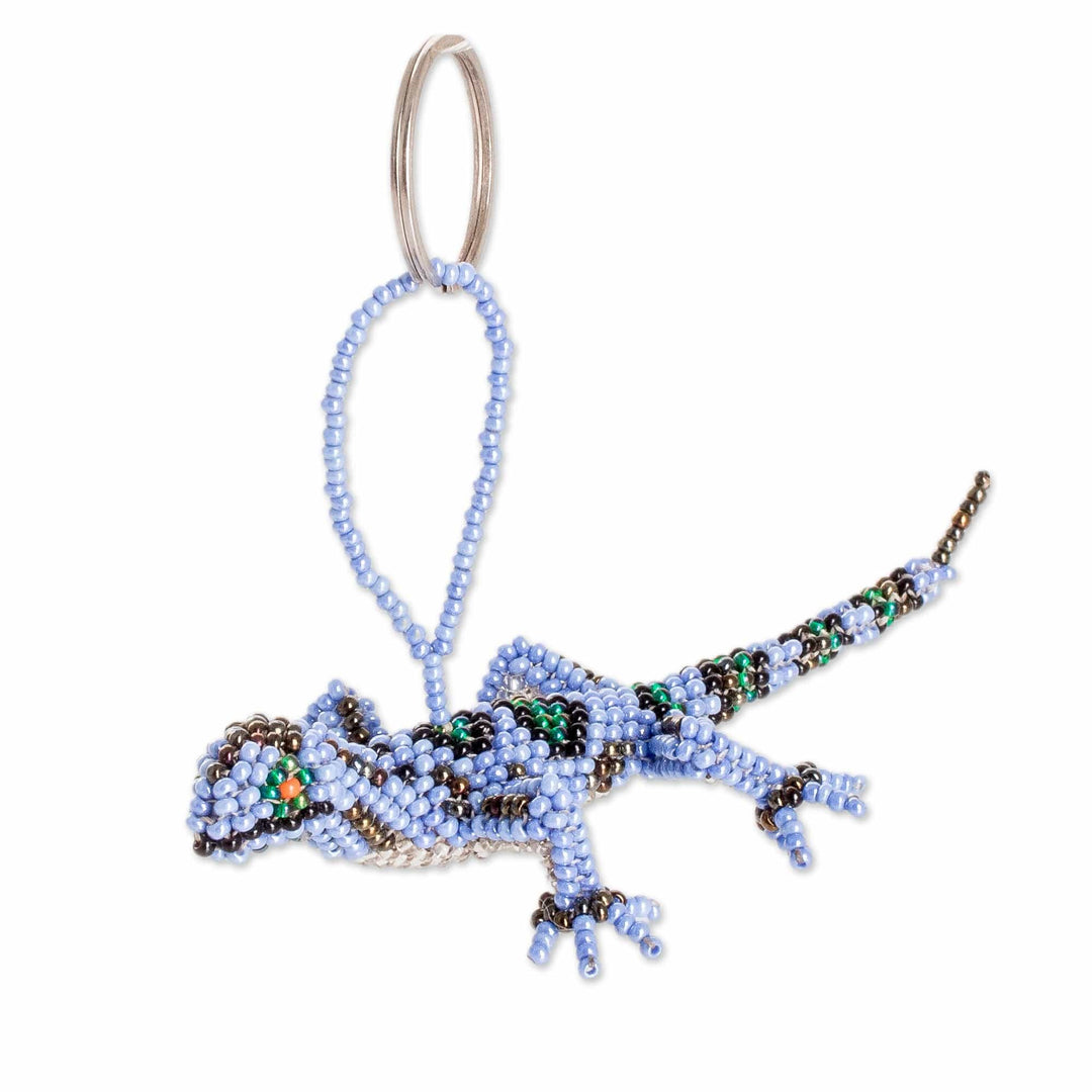 Handcrafted Glass Beaded Lizard Keychain in Blue Hues - The Wizard Lizard