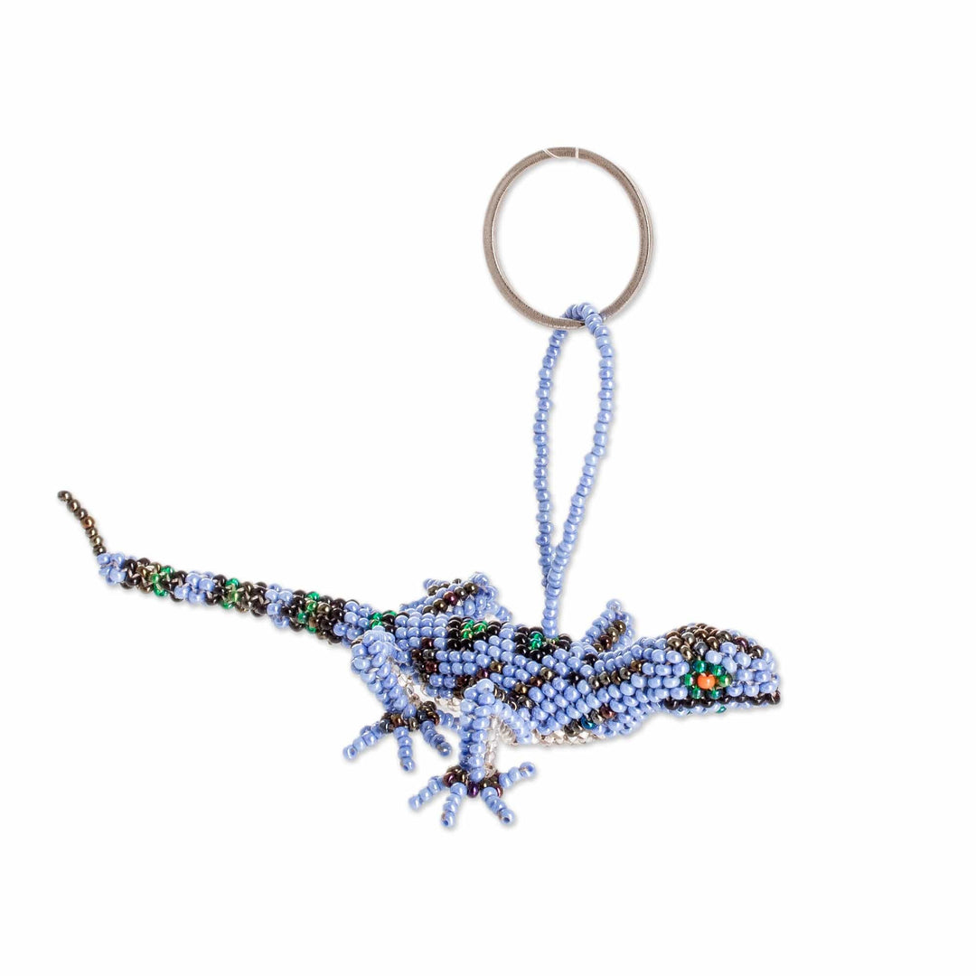 Handcrafted Glass Beaded Lizard Keychain in Blue Hues - The Wizard Lizard