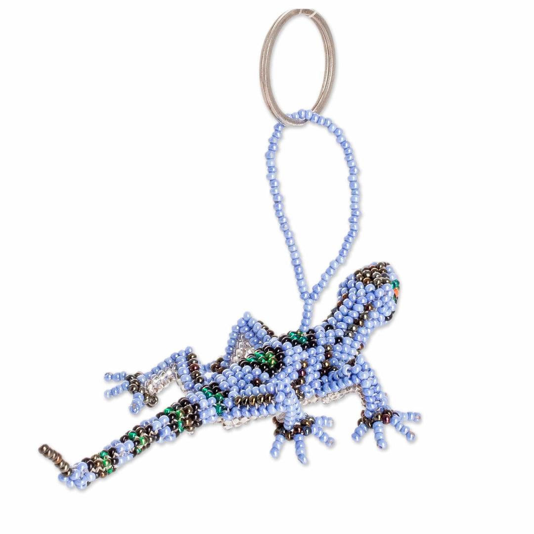 Handcrafted Glass Beaded Lizard Keychain in Blue Hues - The Wizard Lizard