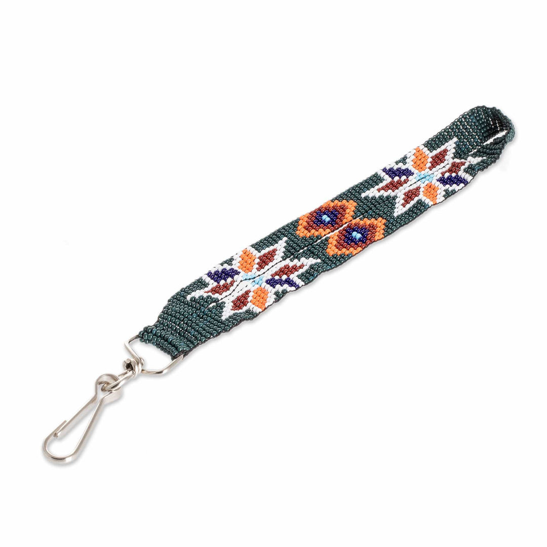 Handcrafted Floral Glass Beaded Keychain in Dark Green - Key to Spring