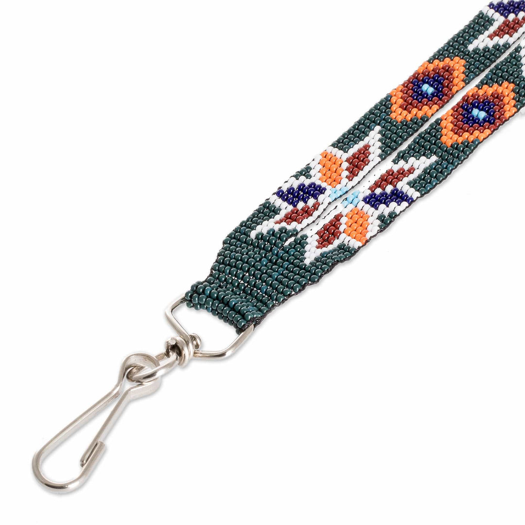 Handcrafted Floral Glass Beaded Keychain in Dark Green - Key to Spring