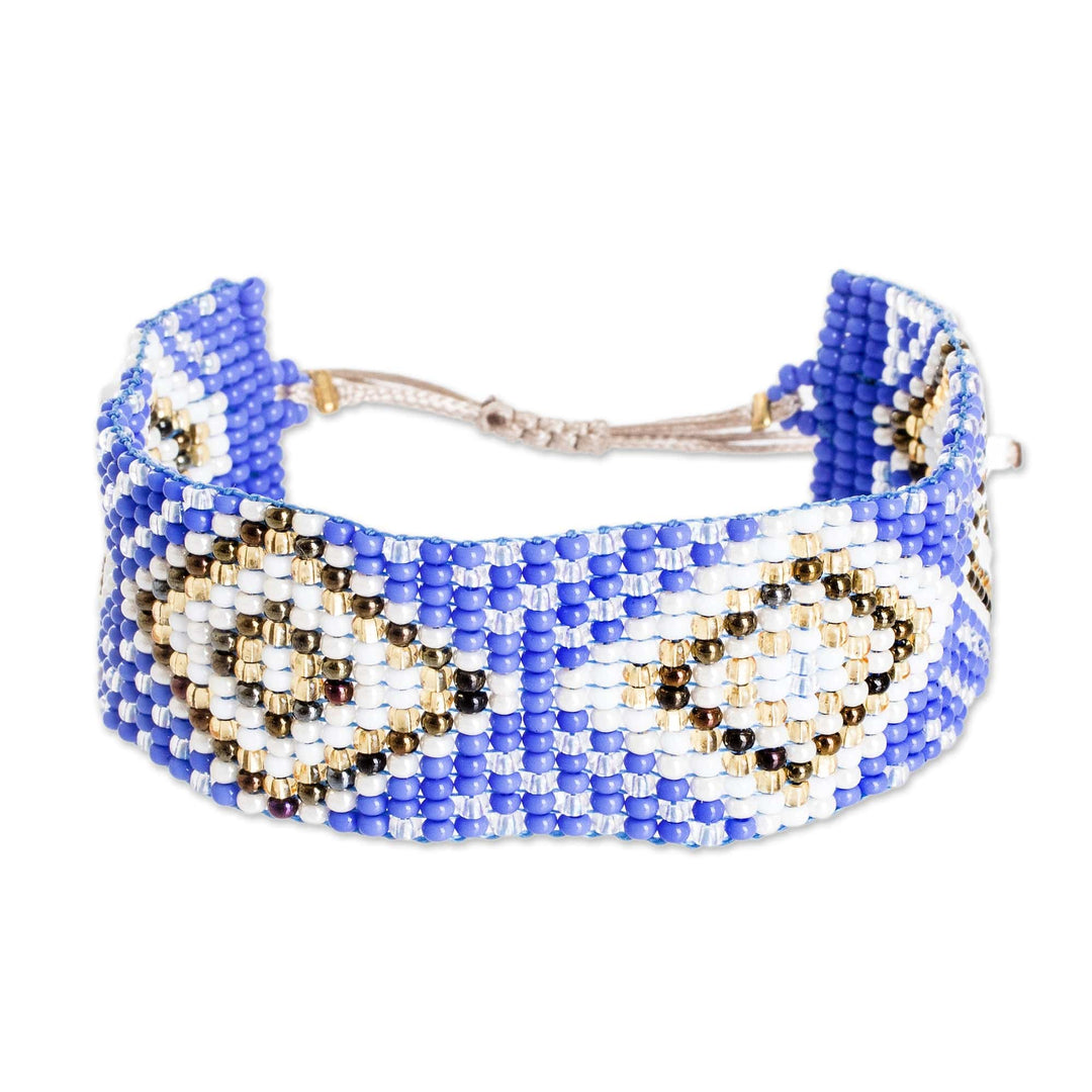 Blue and Golden Geometric Glass Beaded Wristband Bracelet - Wizard Geometry
