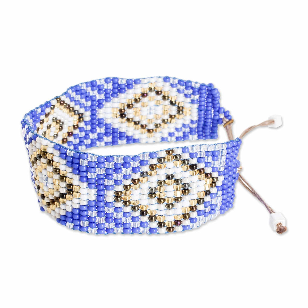 Blue and Golden Geometric Glass Beaded Wristband Bracelet - Wizard Geometry
