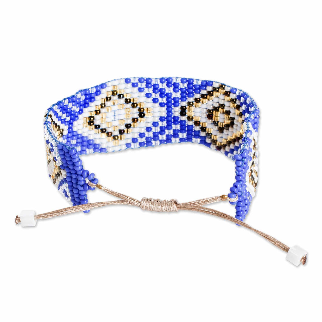 Blue and Golden Geometric Glass Beaded Wristband Bracelet - Wizard Geometry