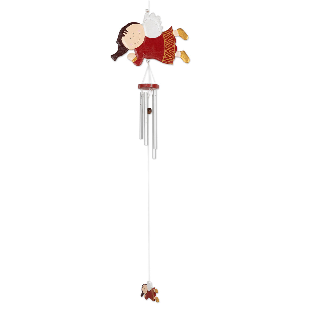 Hand-Painted Red Wood Angel Wind Chime Christmas Decor - Grinning Angel
