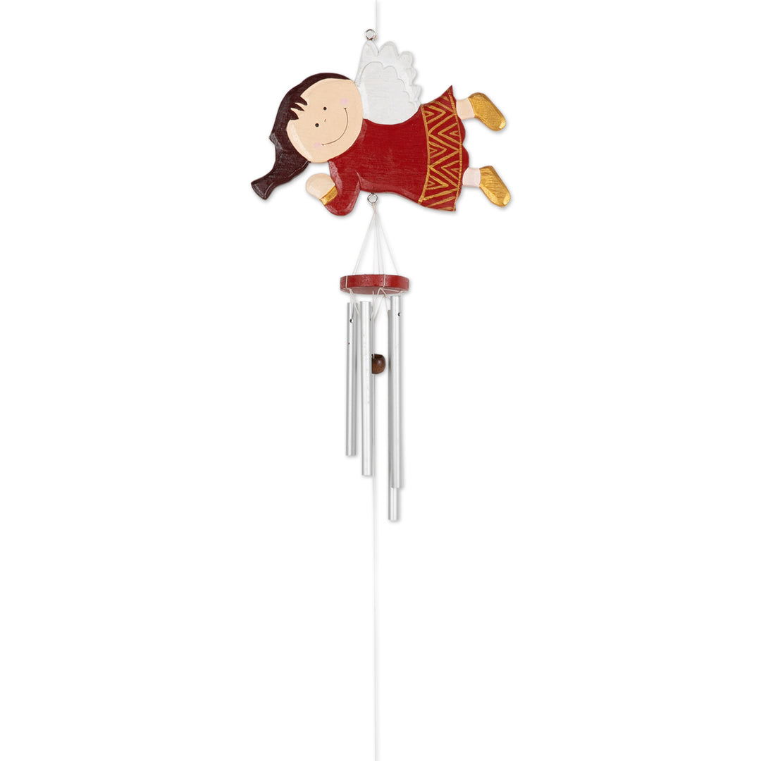 Hand-Painted Red Wood Angel Wind Chime Christmas Decor - Grinning Angel