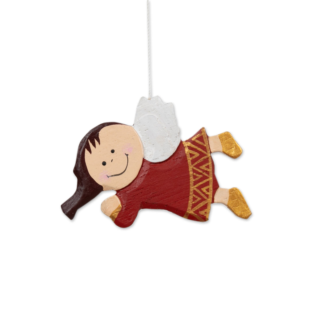 Hand-Painted Red Wood Angel Wind Chime Christmas Decor - Grinning Angel