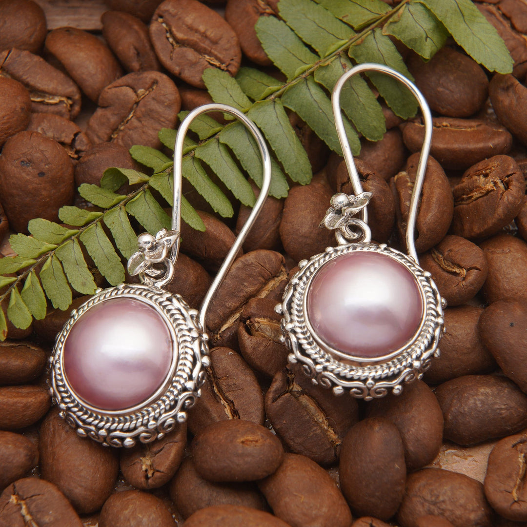 925 Silver Dangle Earrings with Pink Cultured Mabe Pearls - Moon Shade