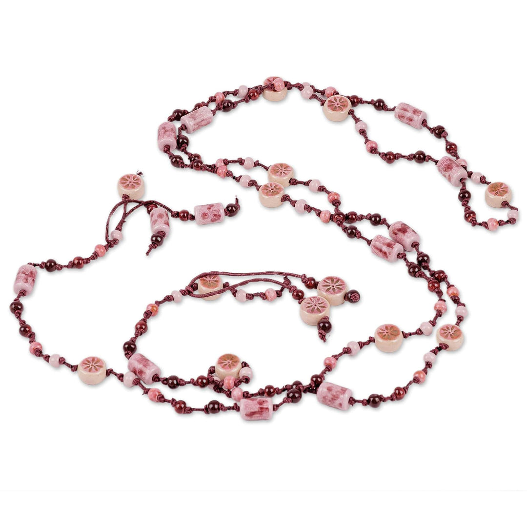 Floral Red Ceramic Station Beaded Necklace with Tassel - Red Dances