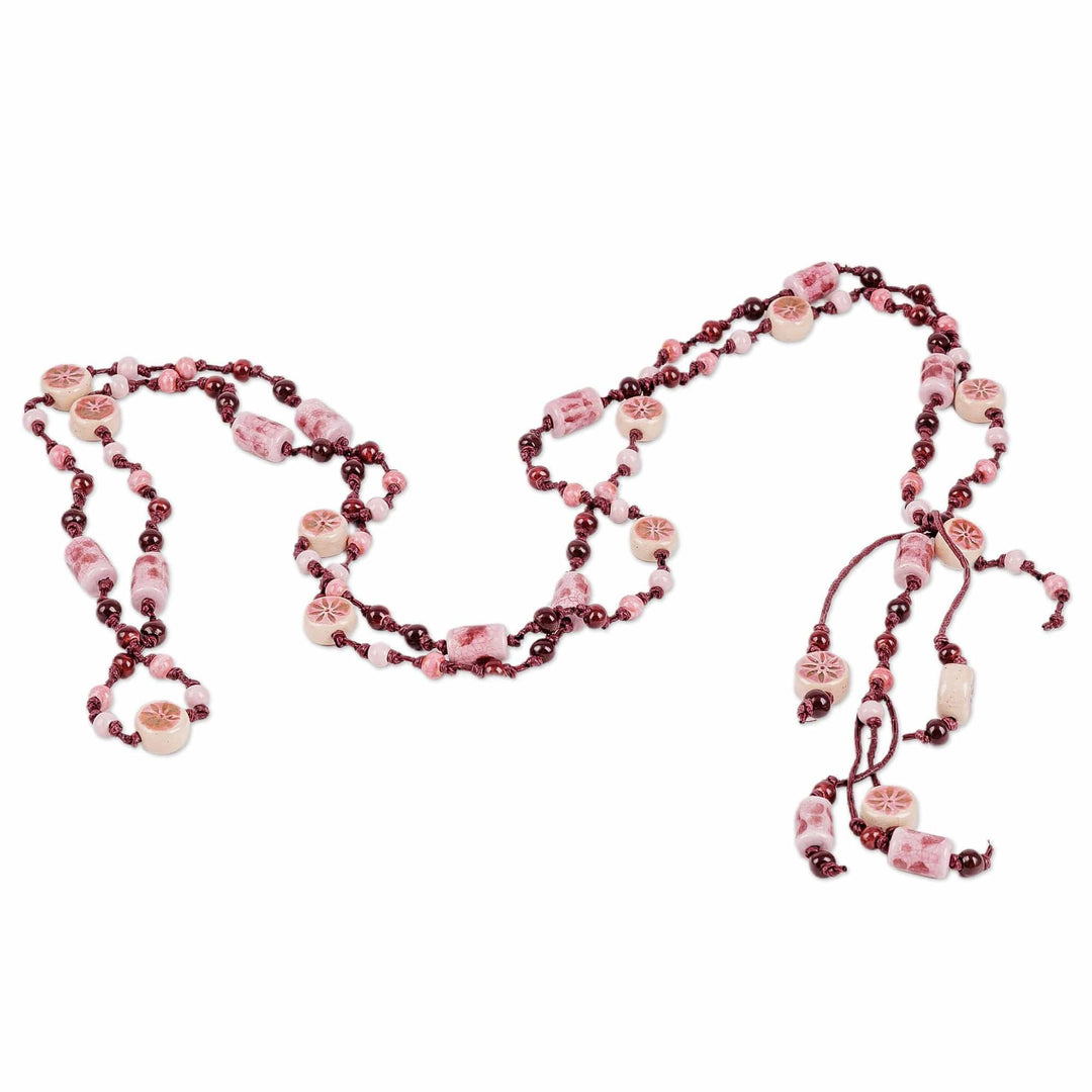 Floral Red Ceramic Station Beaded Necklace with Tassel - Red Dances