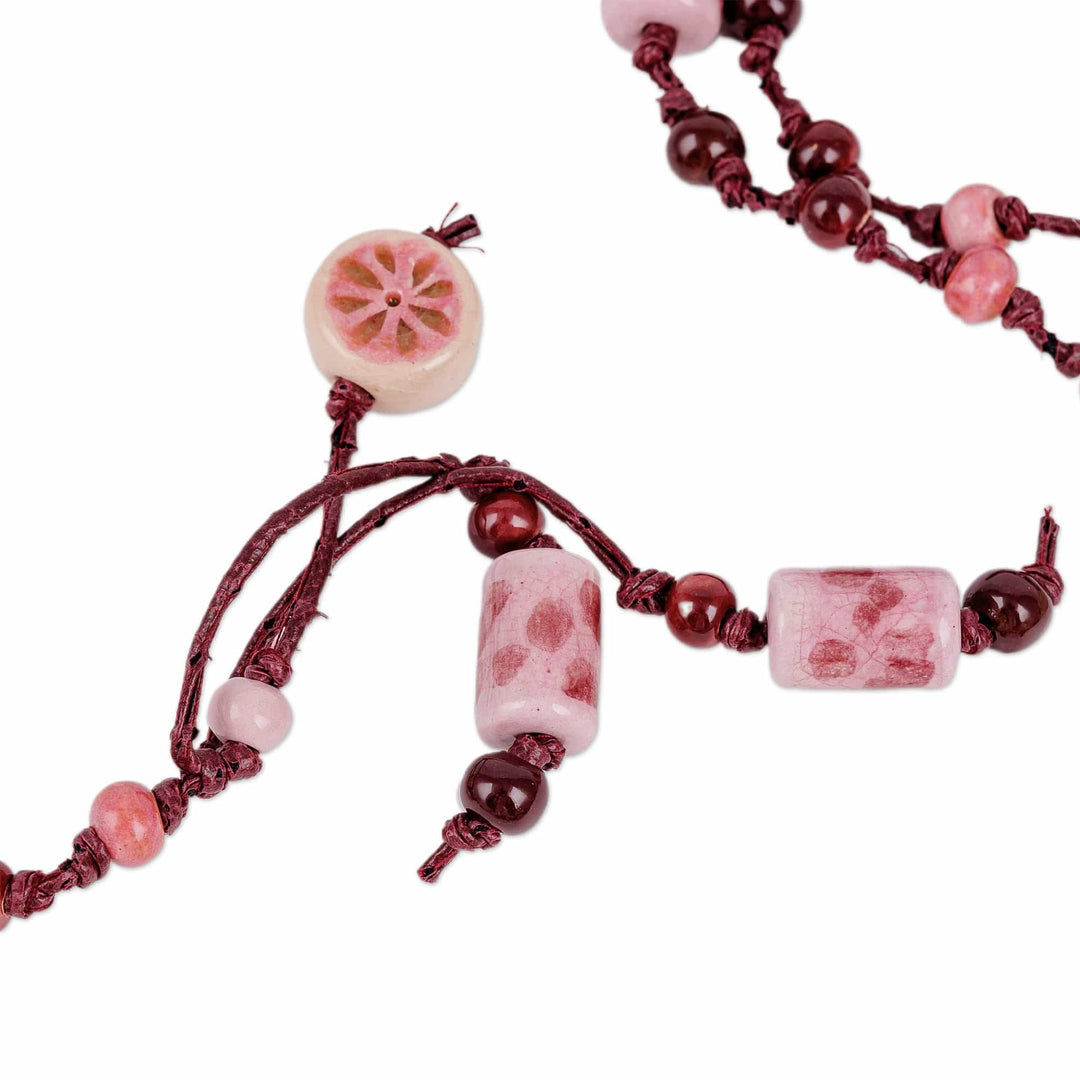 Floral Red Ceramic Station Beaded Necklace with Tassel - Red Dances