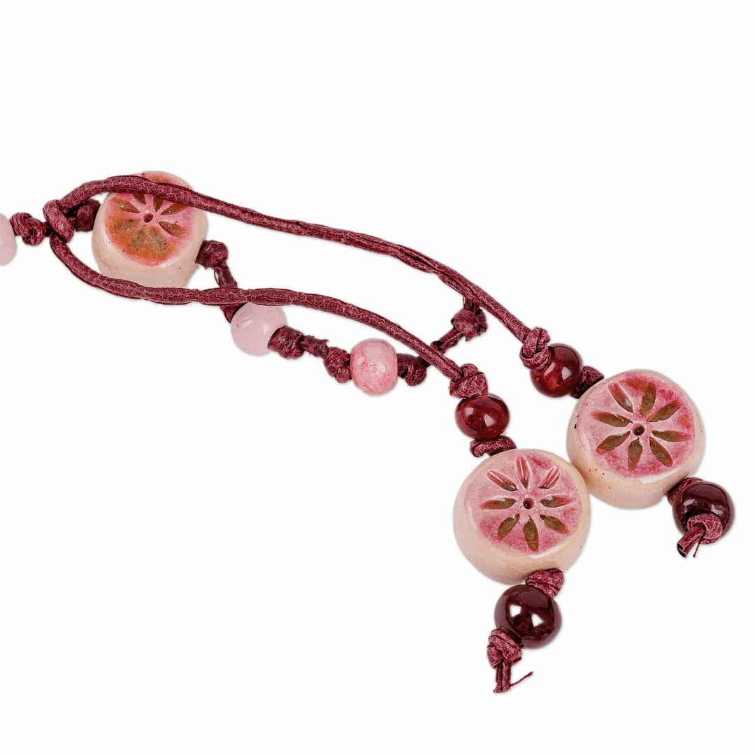 Floral Red Ceramic Station Beaded Necklace with Tassel - Red Dances