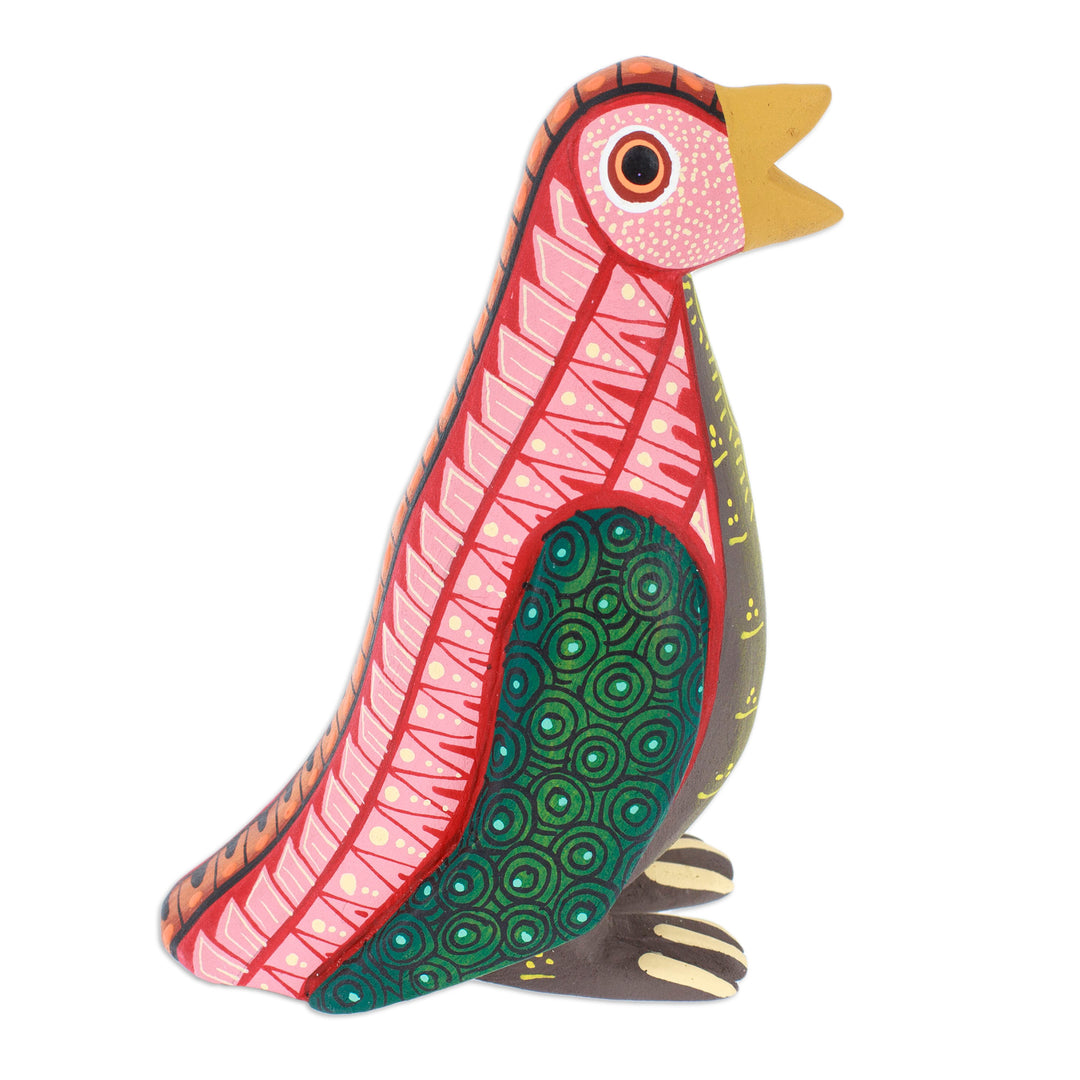 Painted Red and Green Copal Wood Penguin Alebrije Sculpture - Green Antarctica