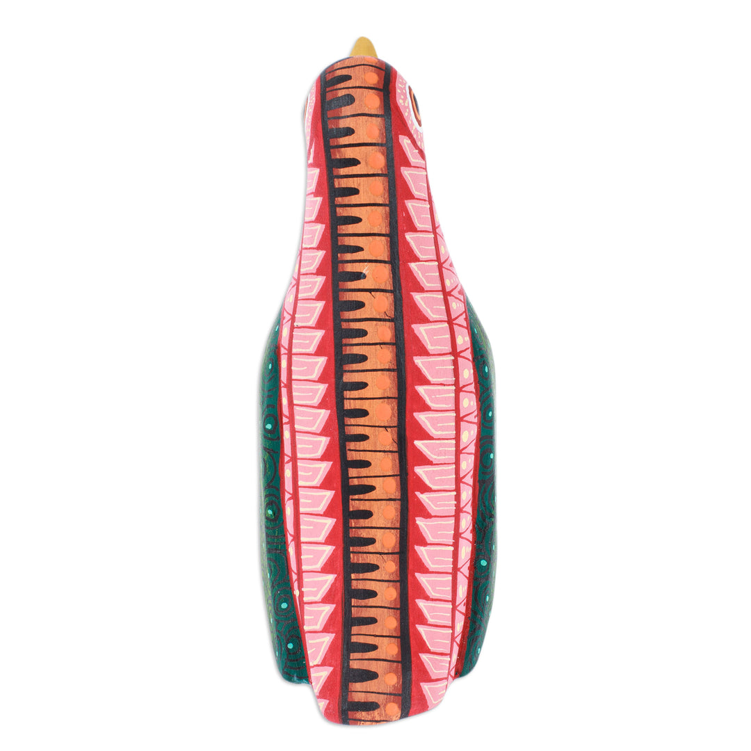 Painted Red and Green Copal Wood Penguin Alebrije Sculpture - Green Antarctica