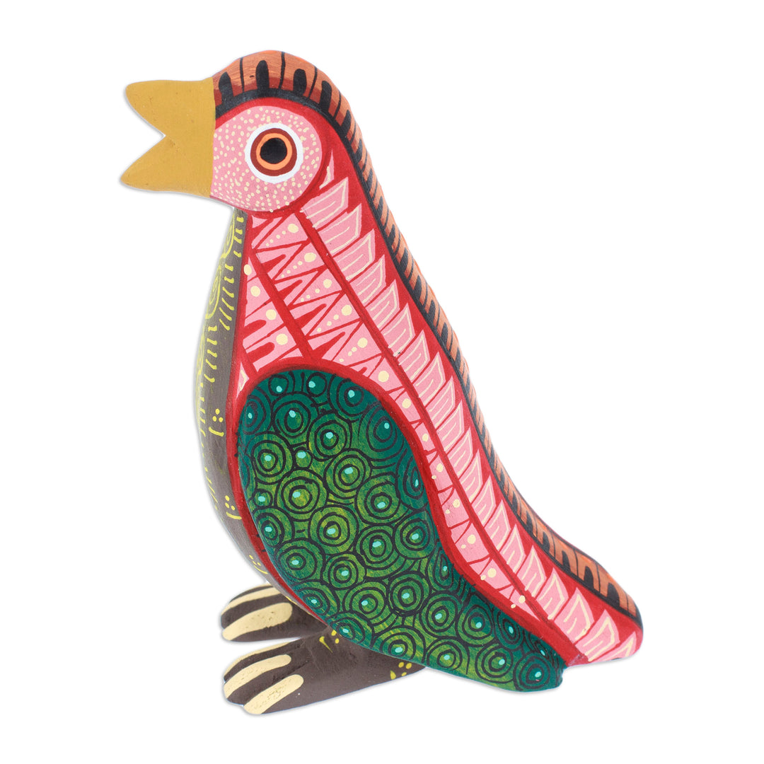 Painted Red and Green Copal Wood Penguin Alebrije Sculpture - Green Antarctica