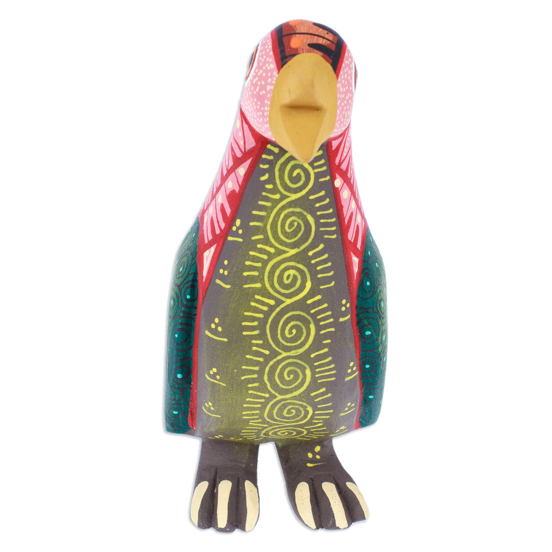 Painted Red and Green Copal Wood Penguin Alebrije Sculpture - Green Antarctica