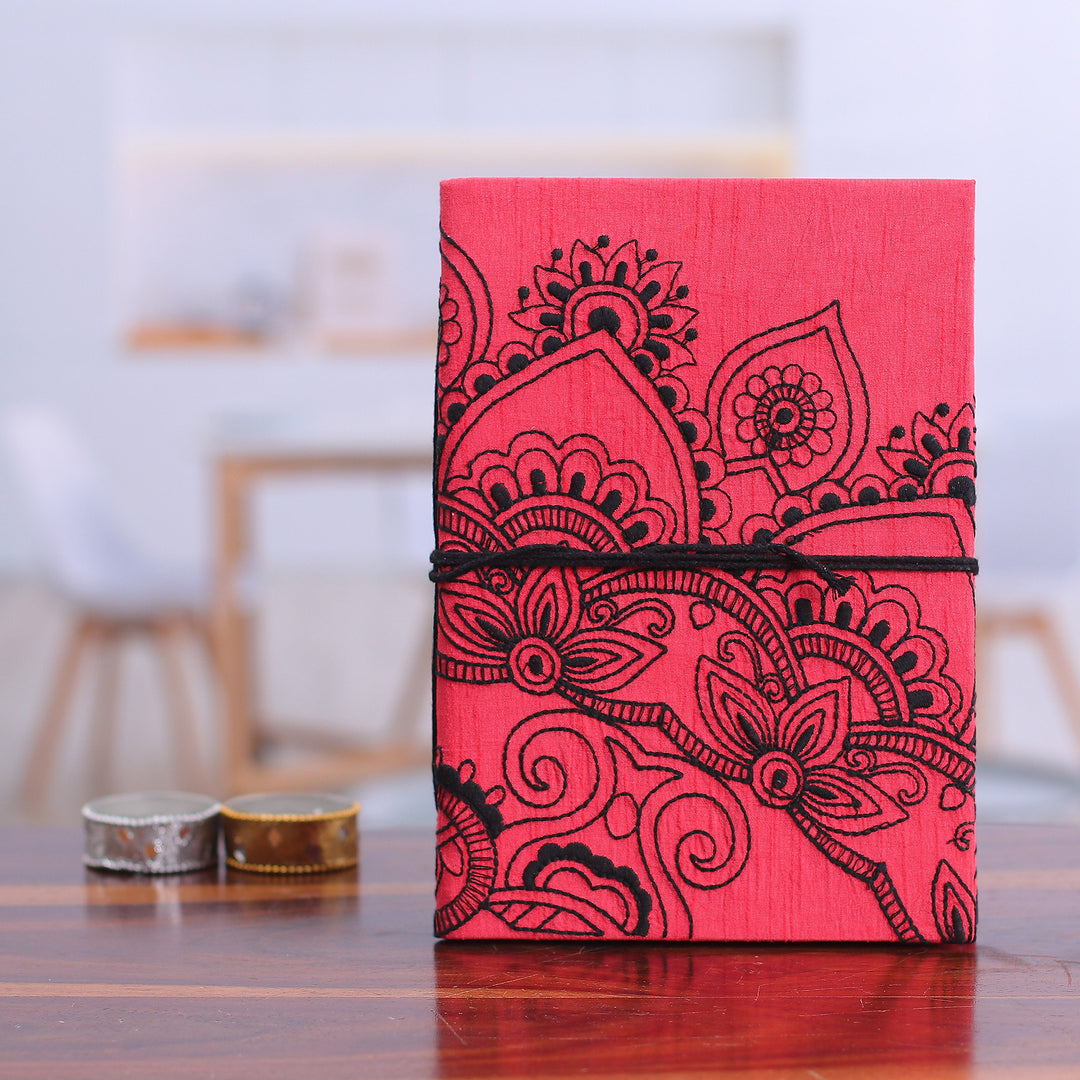 Pink & Black Floral Embroidered Journal with Handmade Paper - Floral Glory